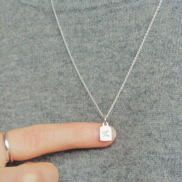 Sterling Silver Mini Dog Tag Personalized Initial Charm Necklace Stamped 925 - Picture 2 of 4